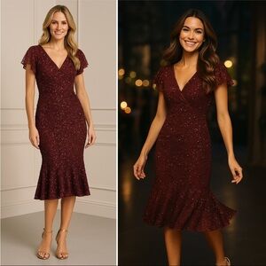 Mac Duggal 10801 Garnet Burgundy Sequin Ruffle Sleeve Midi Dress NWT Size 6